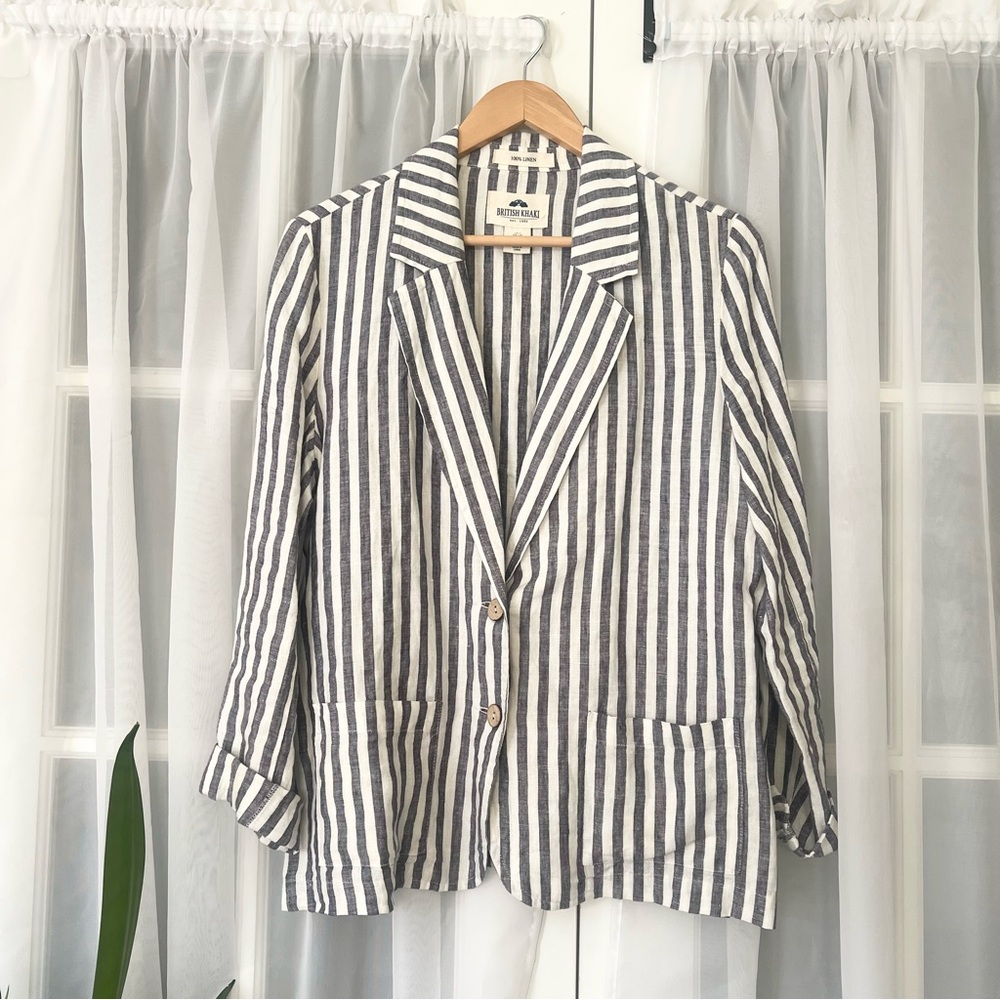 British Khaki 100% Linen Blazer White & Blue Vertical Stripe Size Large